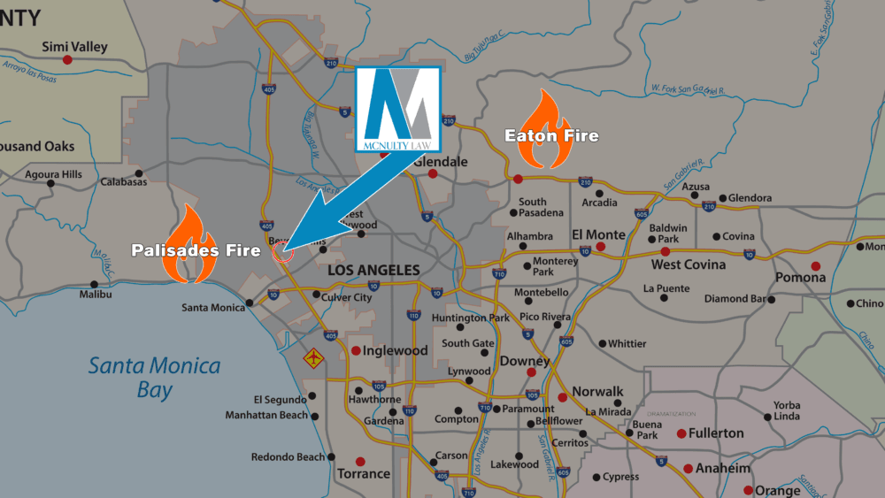 Map showing The McNulty Law Firm in relation to California wildfires